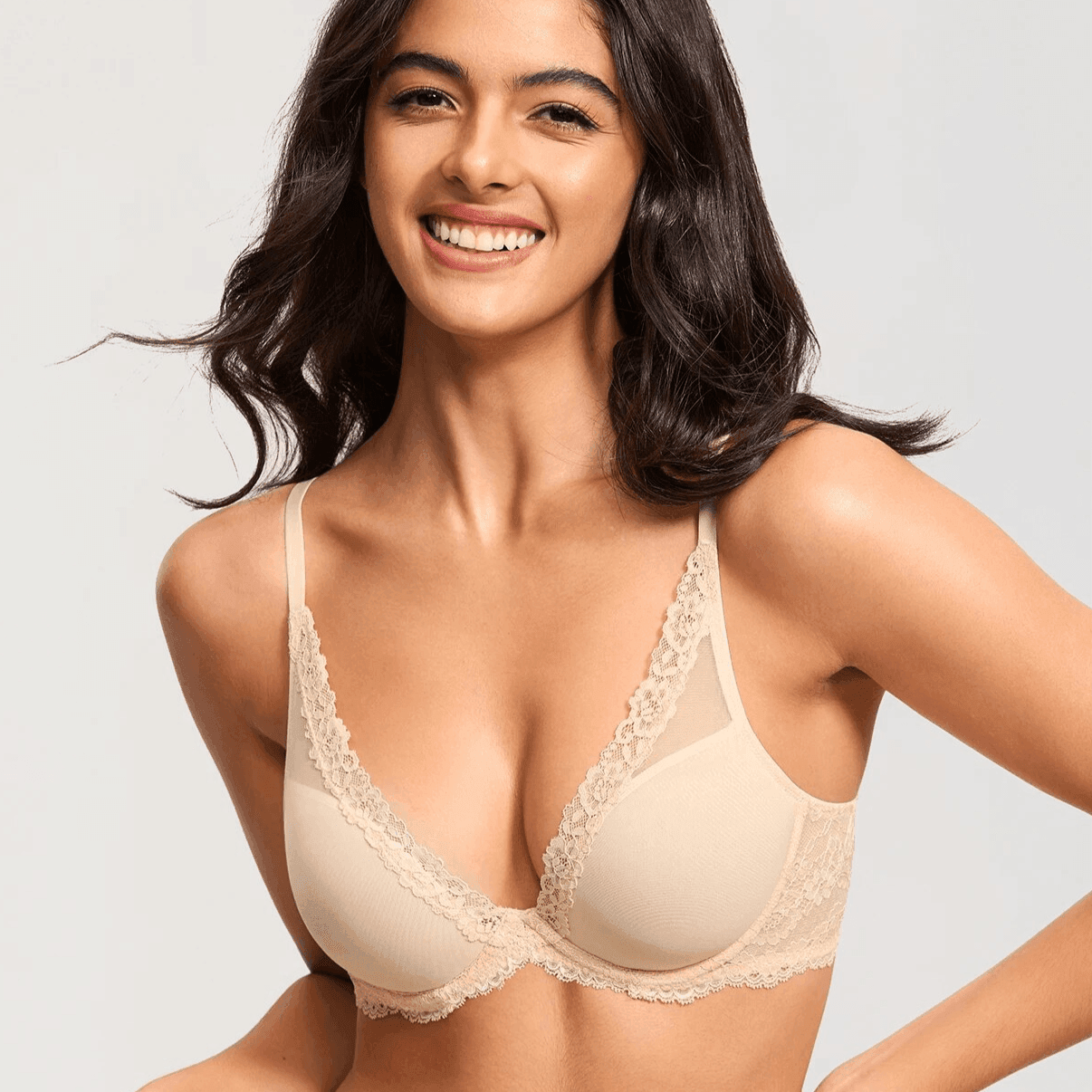 Front view of nude padded plunge bra with smooth moulded cups and lace trim on model torso - MissFine