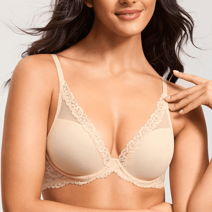 Angled side view showing deep plunge neckline, underwire support and thin adjustable straps on nude bra - MissFine
