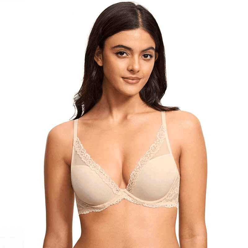 Close-up of moulded plunge bra cups with delicate lace along neckline and center gore - MissFine