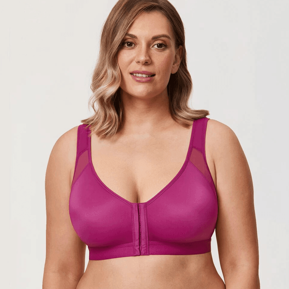 Front view of magenta full cup zip front bra with molded cups and wide adjustable straps - MissFine