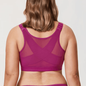 Back view of magenta front closure bra showing wide cross-back support panels and smooth band - MissFine