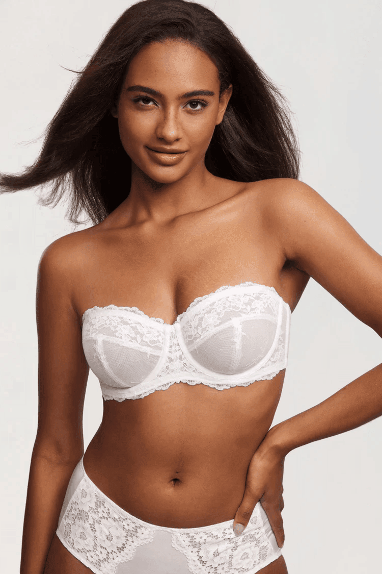 Back view of black strapless bra with hook-and-eye closure and lace-edged band - MissFine