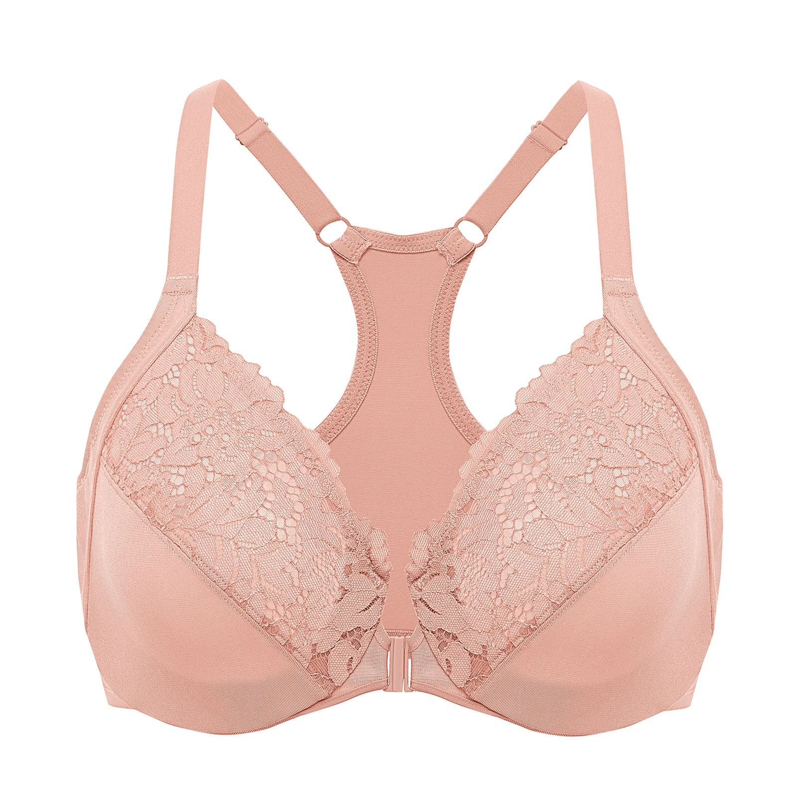 Back view of nude racerback bra with wide seamless band and adjustable straps - MissFine