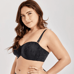 Front view of beige full cup strapless bra with lace overlay and underwire support - MissFine