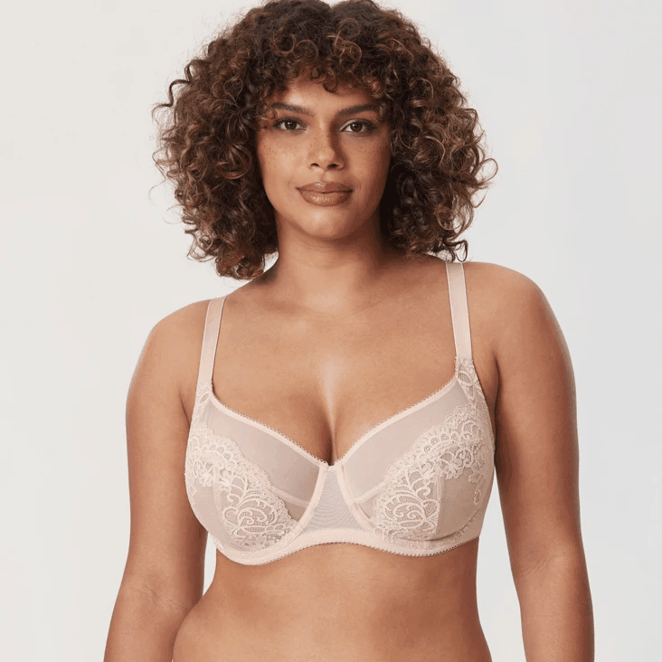 Front view of green full cup underwired bra with lace overlay and mesh panels - MissFine