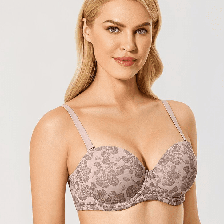 Front view of brown floral full cup strapless bra with sweetheart neckline - MissFine