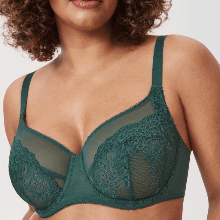 Front view of nude underwired bra with molded seamless cups and lace trim on the band - MissFine