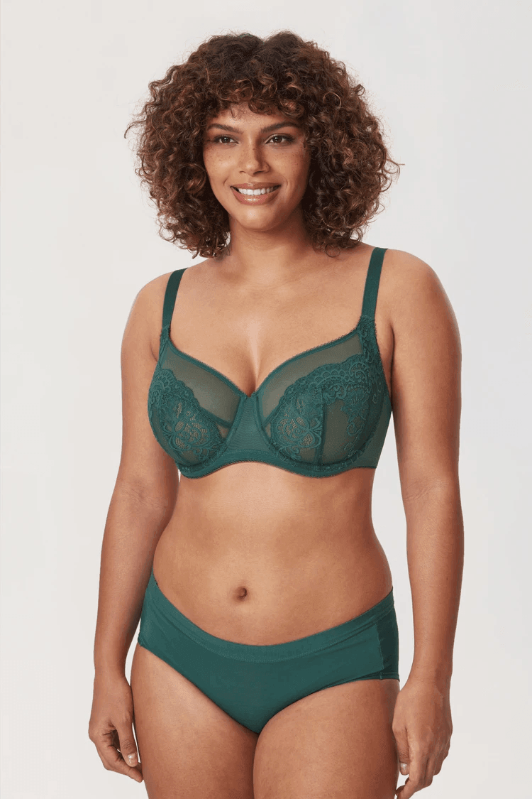 Side angle of green lace full coverage bra showing underwire shape and adjustable strap - MissFine