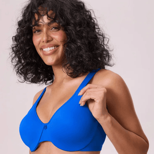 Front view of bright blue seamless underwire full cup bra with molded padded cups and bow detail - MissFine