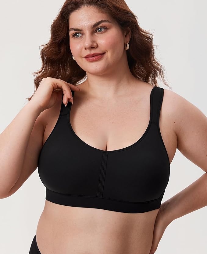 Close-up of front zip closure and smooth molded cups on black minimiser bra - MissFine
