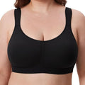 Front view of black full-coverage front closure minimiser bra on model - MissFine