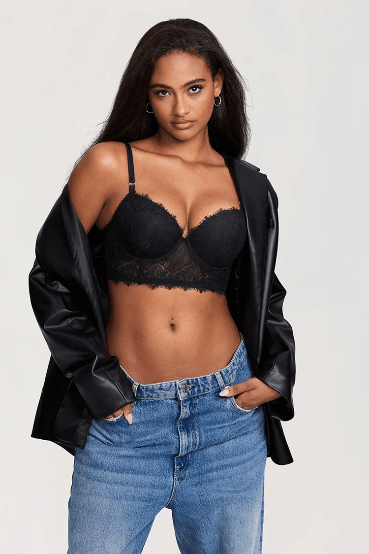 Back view of black longline bra with wide lace band and triple hook-and-eye closure for support - MissFine