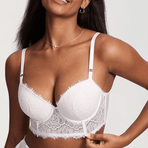 Side angle of black underwired padded bra showing deep plunge neckline and scalloped lace trim - MissFine