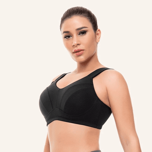 Back view of black plus size sports bra with wide band and standard straps - MissFine