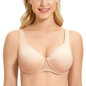 Front view of green full cup cotton minimiser bra with smooth seamless molded cups and underwire support - MissFine