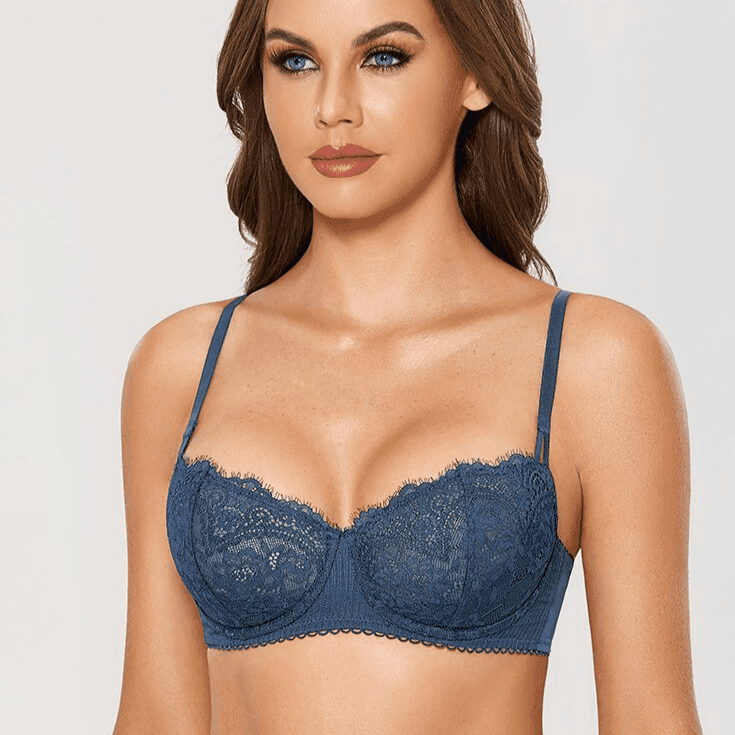 Angled side view showing demi cup coverage and adjustable shoulder straps on lace underwire bra - MissFine