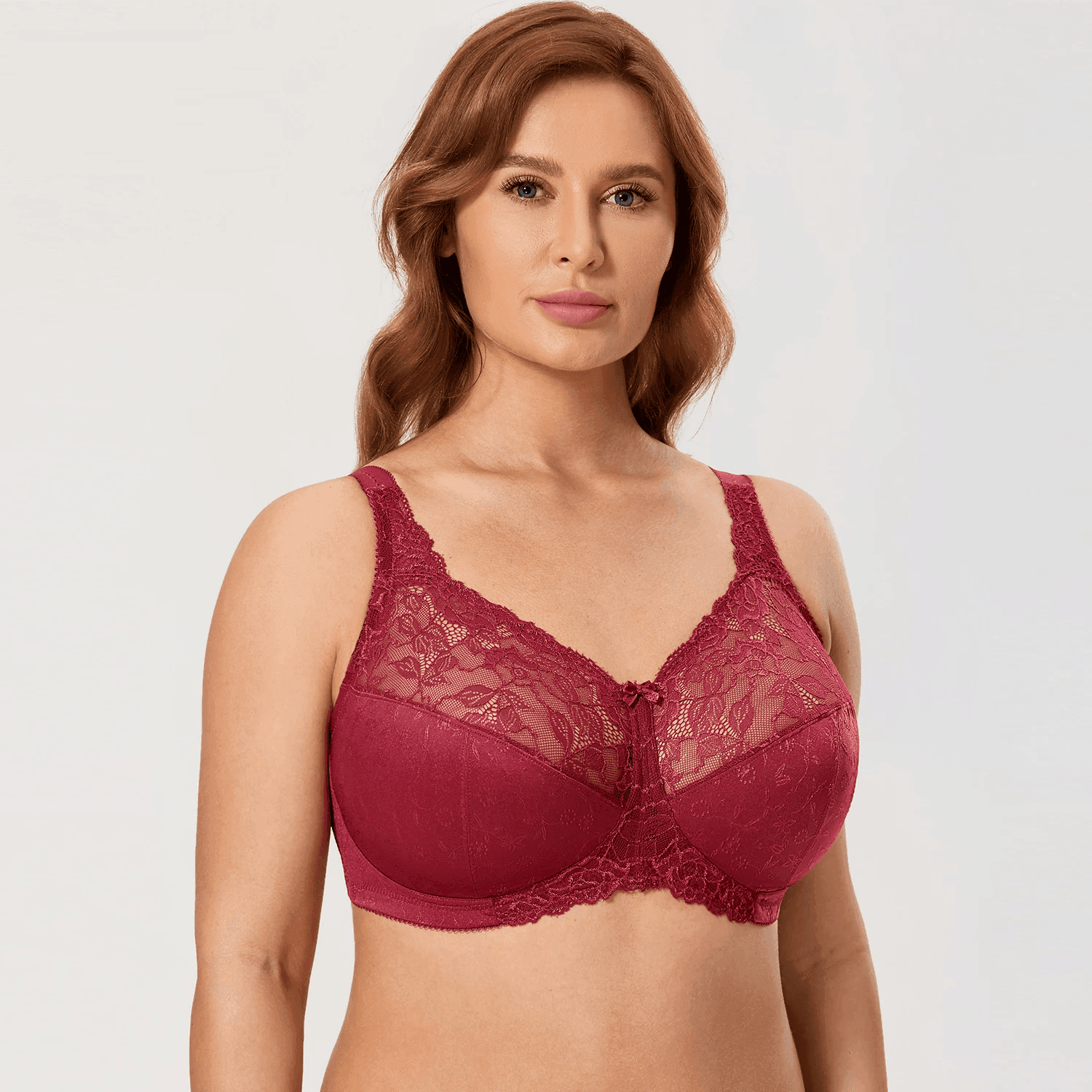 Front view of full cup lace underwire plus size bra with wide straps in black - MissFine