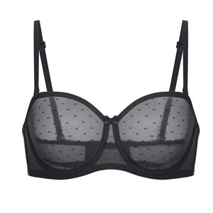 Back view of black strapless bra highlighting seamless band and back clasp - MissFine