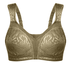 Close-up of embossed floral pattern and seamed cups on green-blue minimiser bra - MissFine