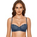 Front view of blue lace padded balconette bra with molded cups and underwire support - MissFine