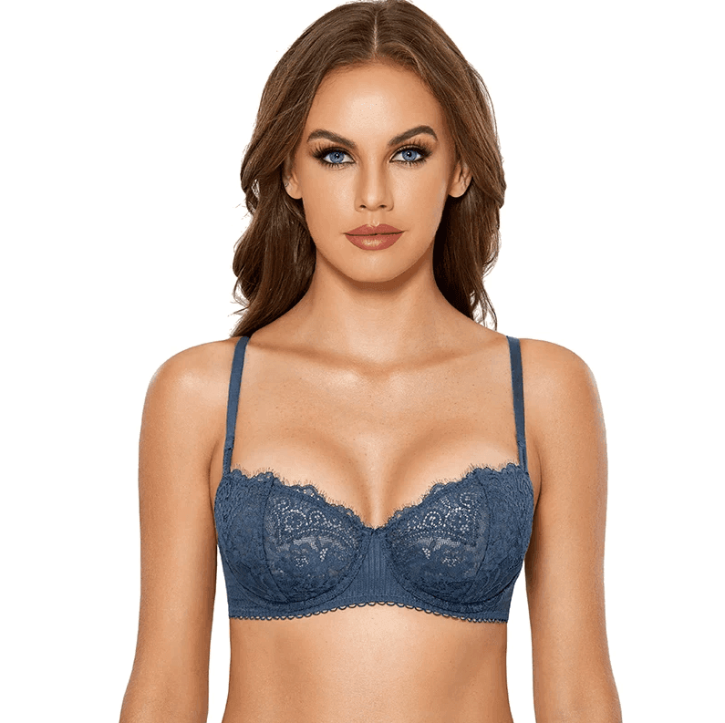 Front view of blue lace padded balconette bra with molded cups and underwire support - MissFine