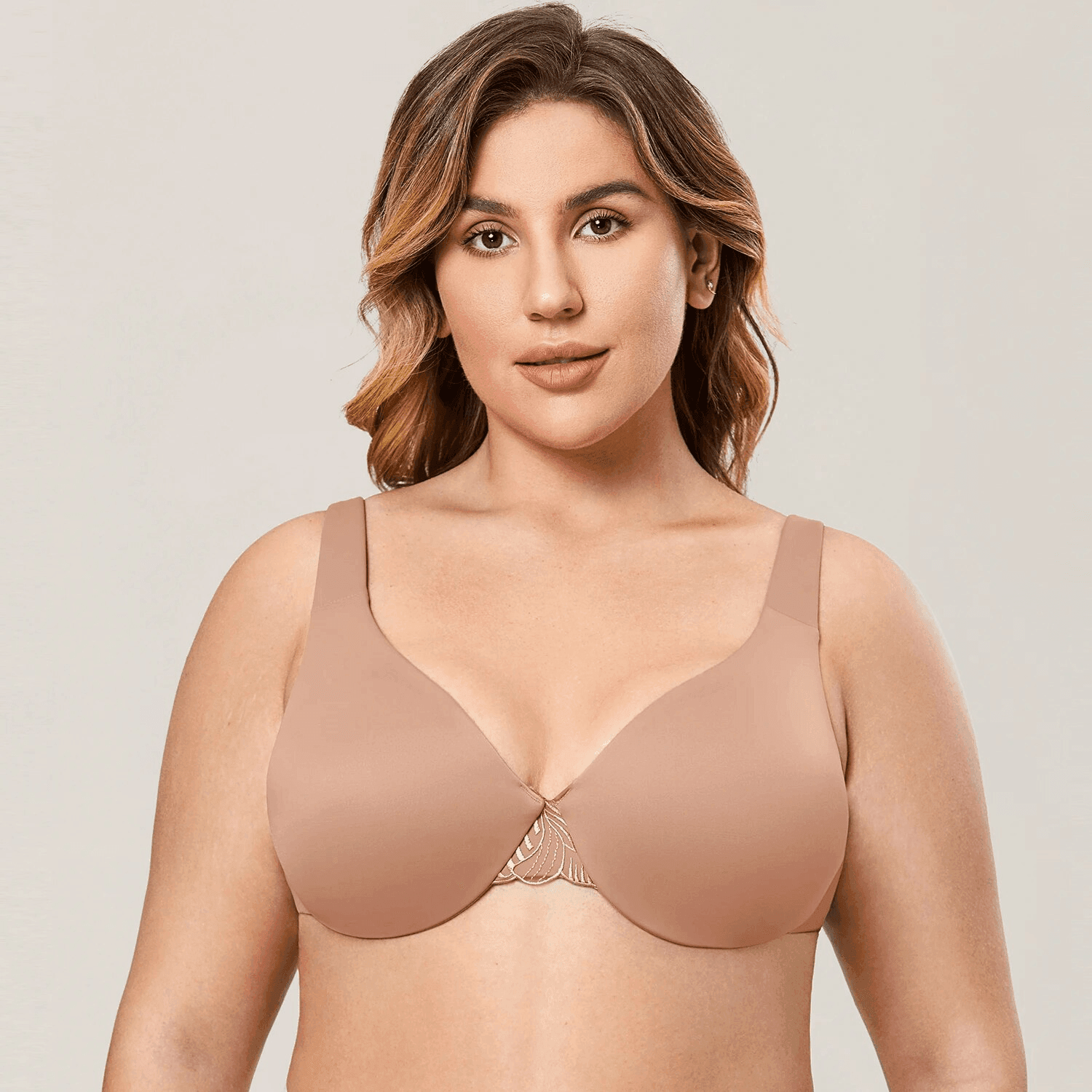 Front view of nude cotton full cup padded bra with smooth molded cups and underwire lift - MissFine