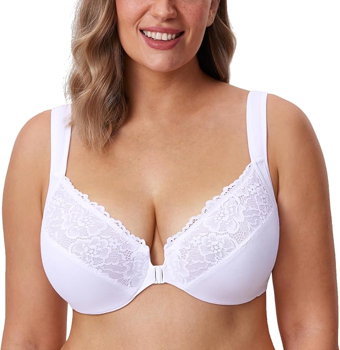 Front view white lace trim front-closure molded full cup plus size bra - MissFine