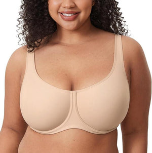 Front view of nude full cup underwired bra with smooth molded seamless cups on model - MissFine