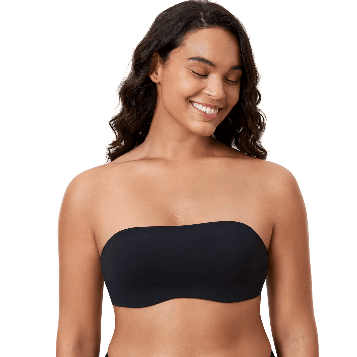 Side angle of black convertible strapless bandeau bra with underwire structure visible - MissFine