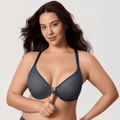 Front view of deep teal plus size front closure bra with sheer mesh underwired cups - MissFine