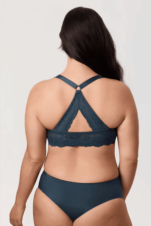 Back view of teal lace racerback bra showing convertible straps, cutout and scalloped band - MissFine