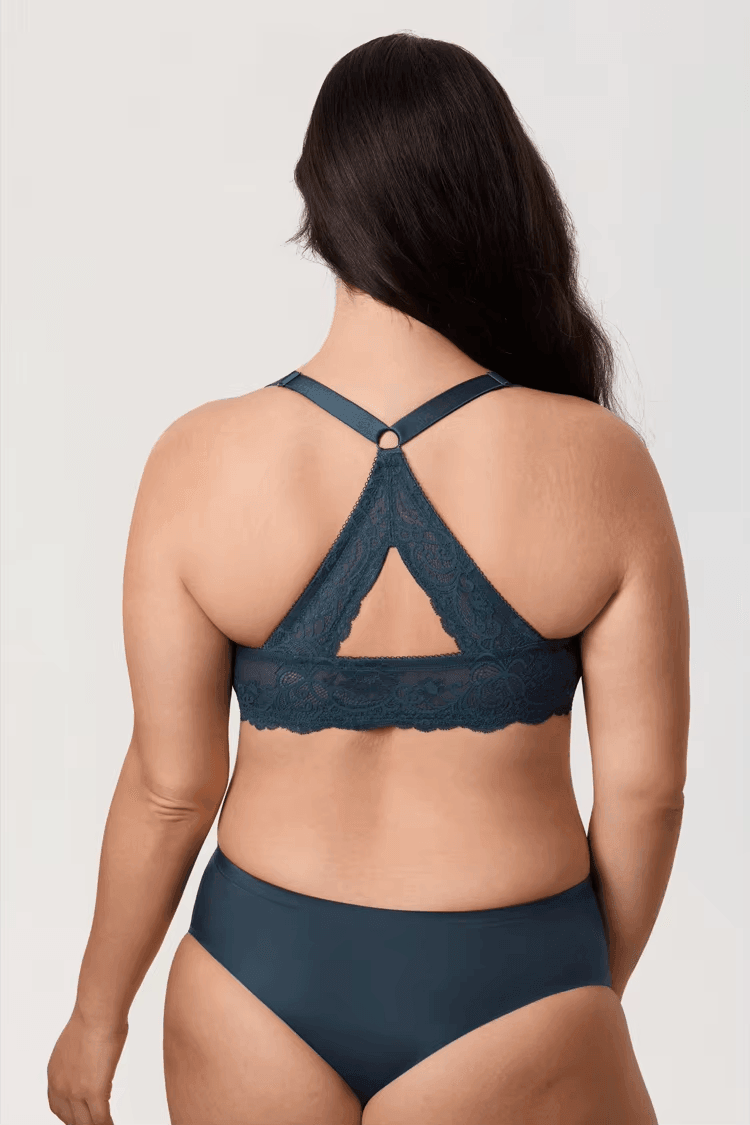 Back view of teal lace racerback bra showing convertible straps, cutout and scalloped band - MissFine
