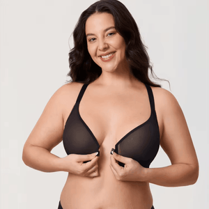 Front view of black sheer mesh underwire bra with visible front clasp and adjustable straps - MissFine