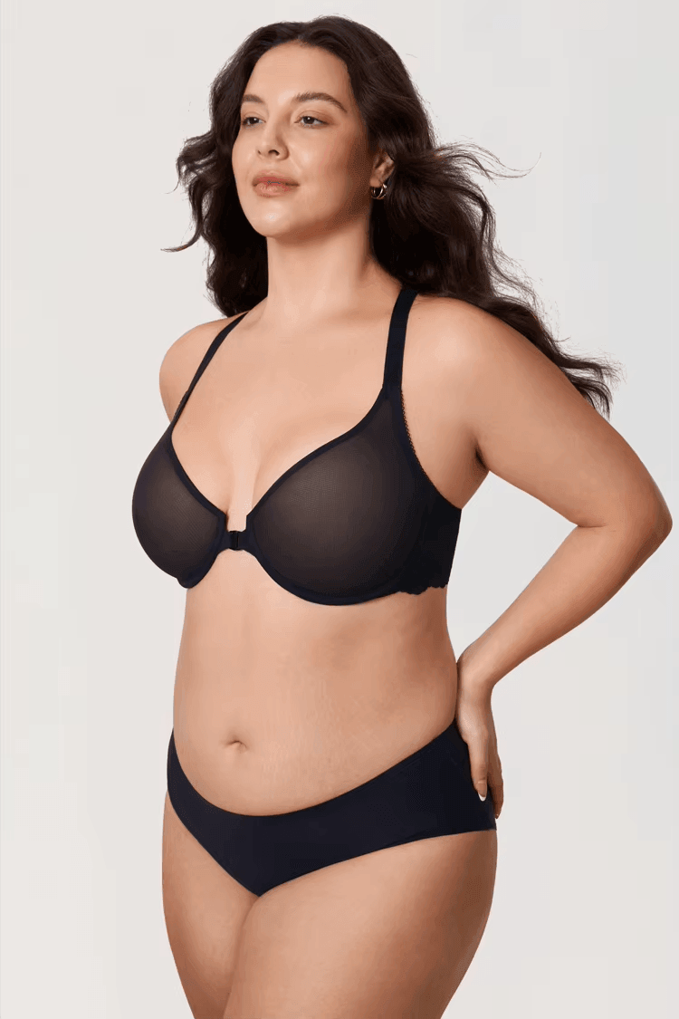 Sheer Lace Back Front-Closure Bra – Underwired Feminine Edition