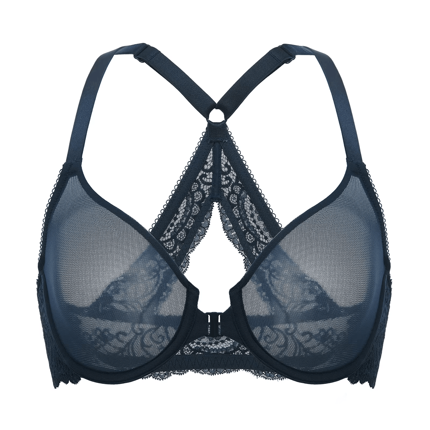 Sheer Lace Back Front-Closure Bra – Underwired Feminine Edition