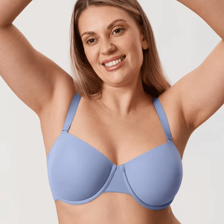 Side view of nude full cup underwire bra with seamless molded cups and front clasp - MissFine