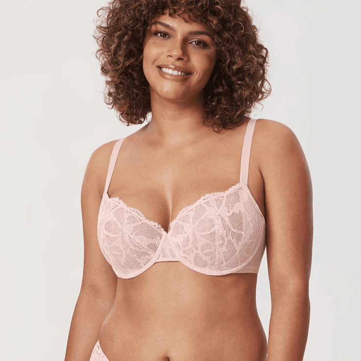 Front view of light pink full cup underwire bra with lace overlay on model torso - MissFine