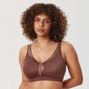 Front view of brown silk satin plus size wireless full cup bra on model - MissFine