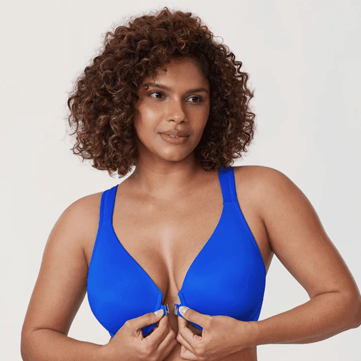 Front view of nude moulded full cup bra with front clasp and smooth cups - MissFine