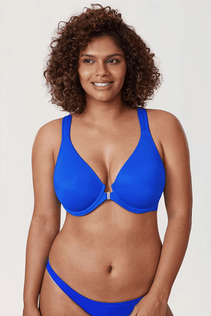 Close-up of center front metal clasp between seamless molded cups in nude bra - MissFine