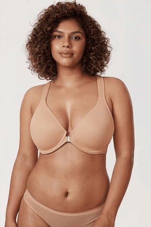 Back view of blue front-closure bra with racerback-style adjustable straps - MissFine