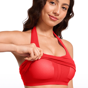 Side angle of red wire-free halter bralette showing wide underband and smooth padding - MissFine