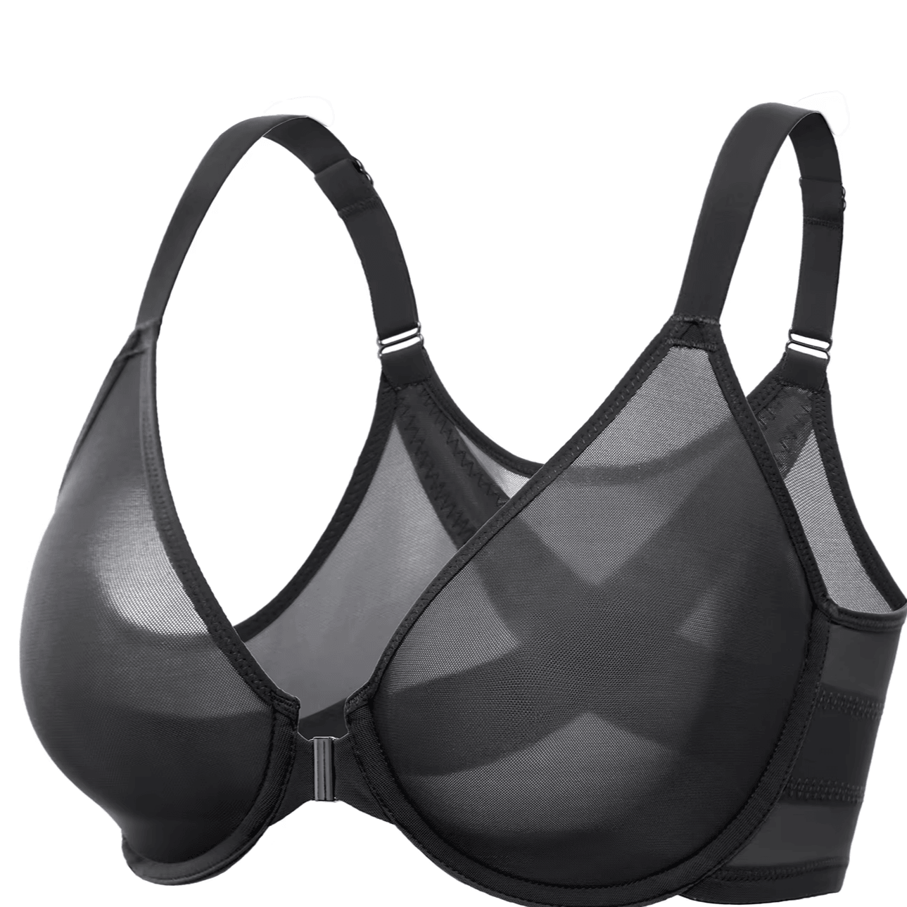 Front view of black plus size front closure bra with underwire cups and wide band - MissFine