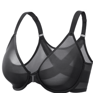 Front view of black plus size front closure bra with underwire cups and wide band - MissFine