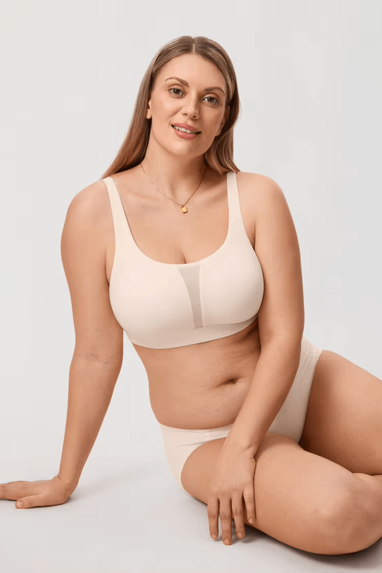 Close-up of breathable seamless cups on nude wireless bra for full coverage support - MissFine