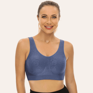 Front view of blue seamless sports bra with scoop neckline and molded full-coverage cups - MissFine