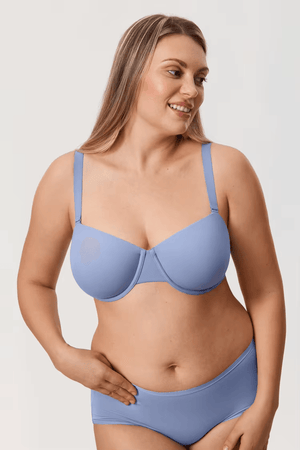 Back angle of light blue bra with adjustable straps and smooth seamless band - MissFine