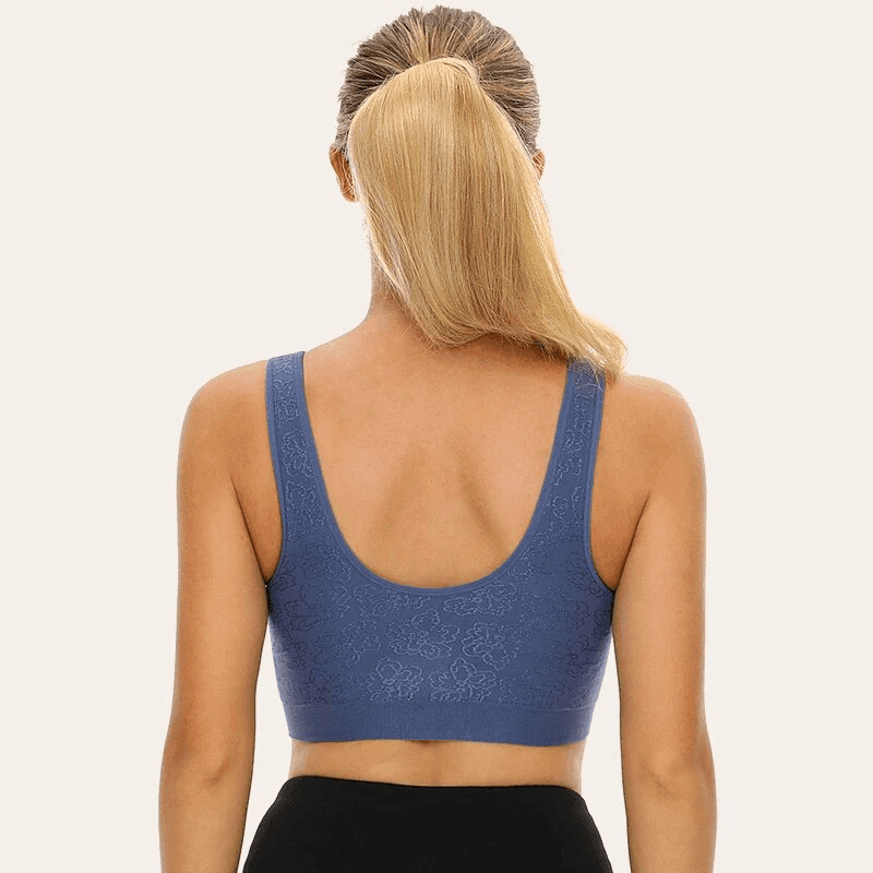 Back view of gray-blue pull-on sports bra with full back coverage and wide straps - MissFine