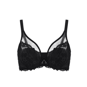 Back view of black lace bra with U-shaped band and hook-and-eye back closure - MissFine