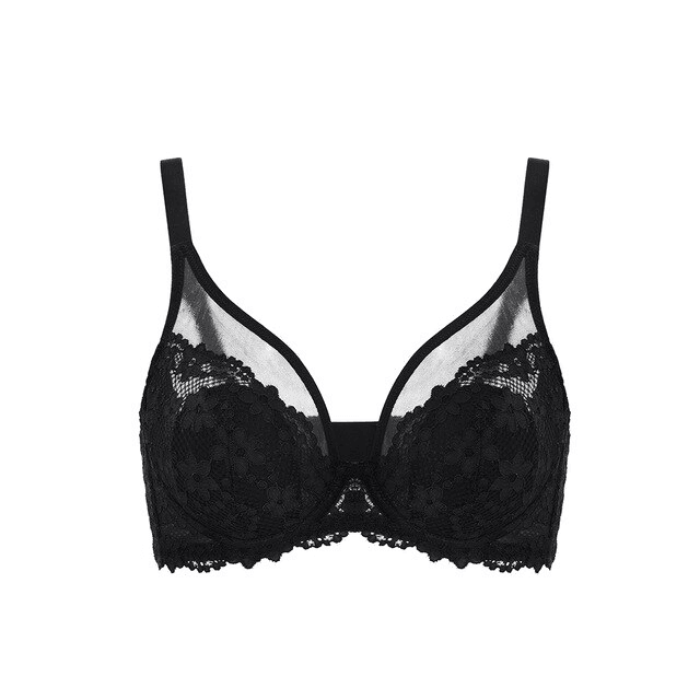 Back view of black lace bra with U-shaped band and hook-and-eye back closure - MissFine